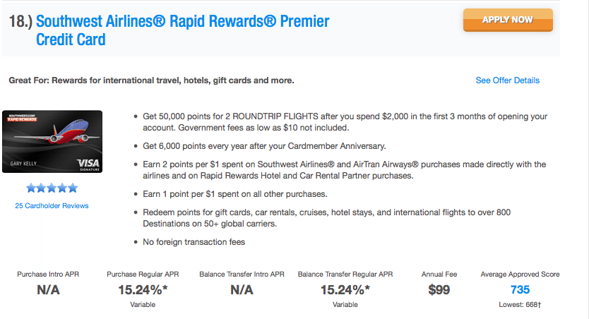 How does a Southwest Airlines Rapid Rewards Premier Credit Card differ from other cards?