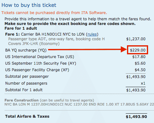 British Airways Fuel Surcharge Chart