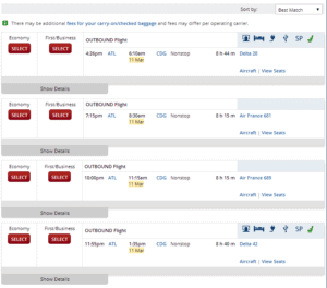 Delta's Multi-City Flight Selection Menu