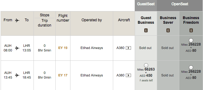 Etihad Partner Award Chart