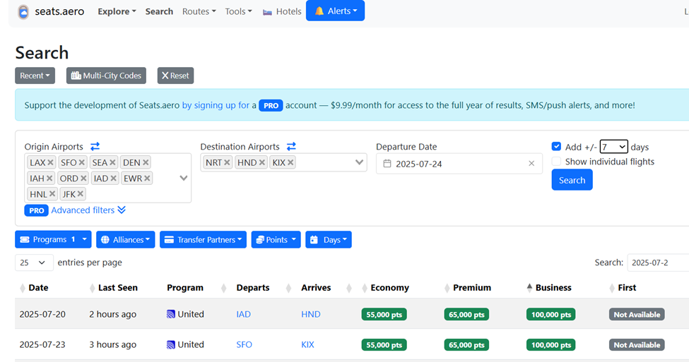 USA to Japan award flights