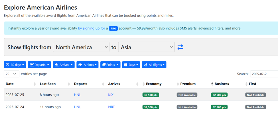 North America to Japan flight award