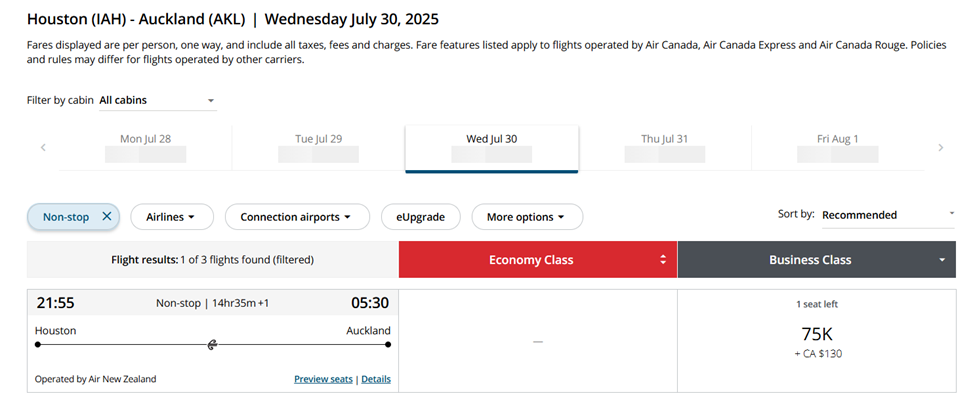 Houston to Auckland award flight