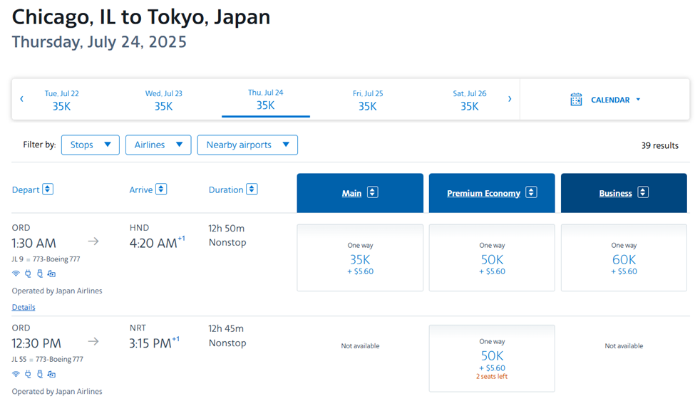 Chicago to Tokyo Japan award flights