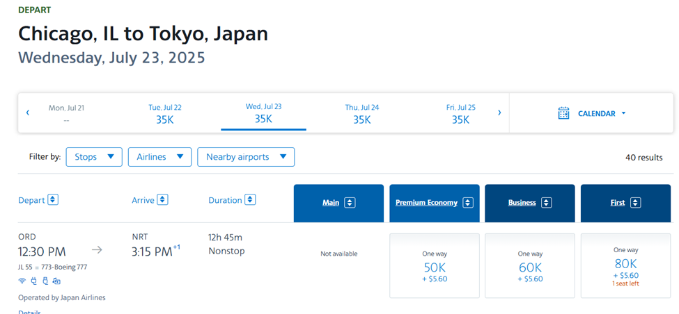 Chicago to Japan award flights