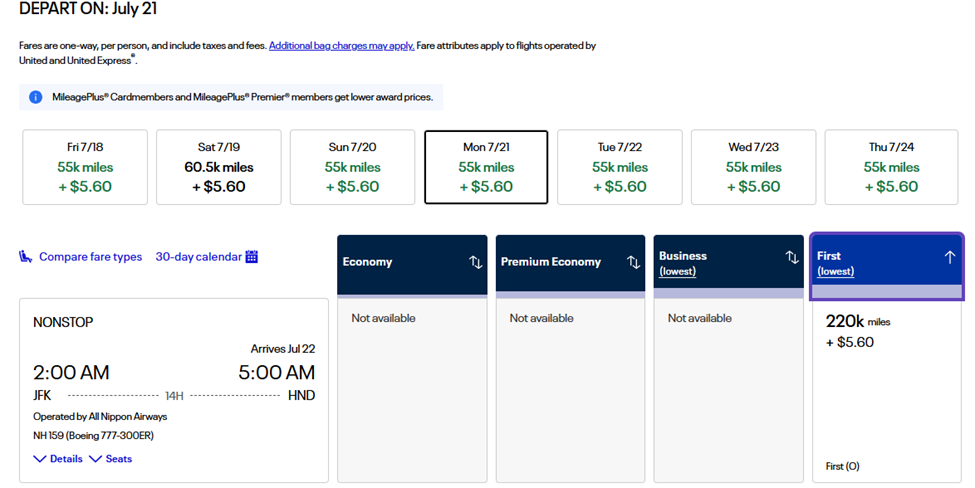 JFK to HND award flights