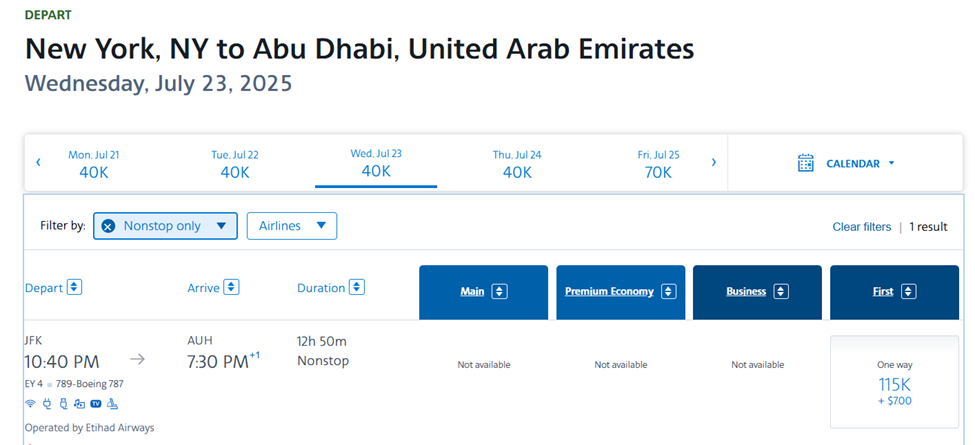 New York to Abu Dhabi award flight