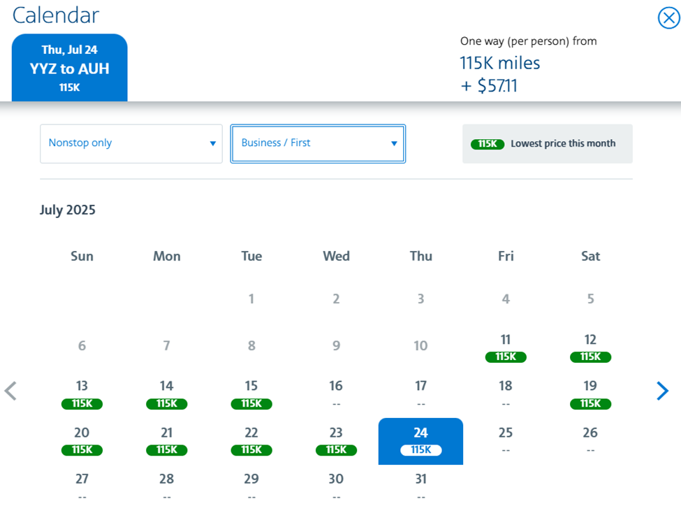 yyz to auh award flight