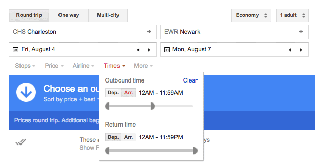 You can a set filter for arrival times on Google Flights by clicking the Times drop down.