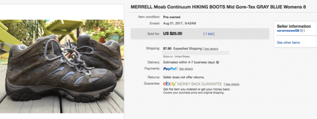 I just started selling things on eBay recently, like this pair of hiking boots I bought and wore for a week that are too small for me. 