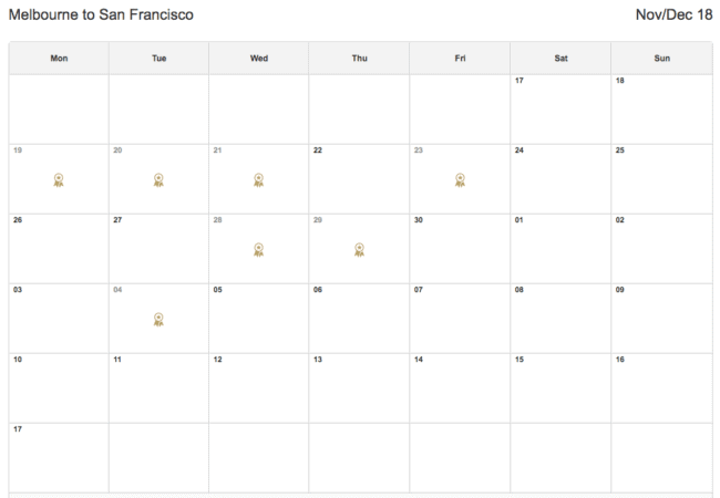 This calendar was generated on qantas.com and is for two travelers in Business Class. Flights are either direct between Melbourne and San Francisco or connect in Sydney.