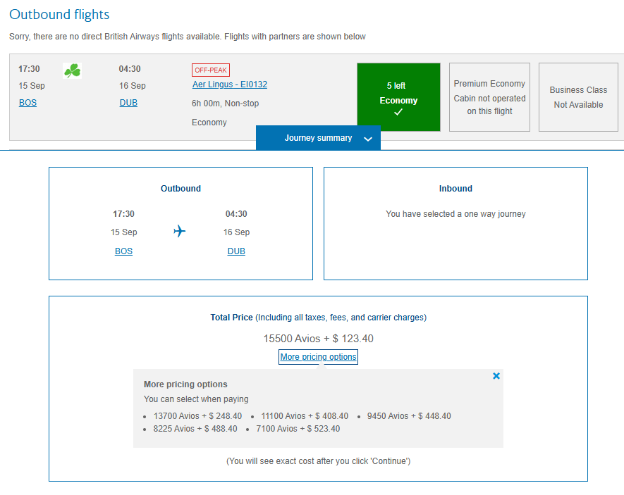 Booking an Aer Lingus flight through British Airways Club