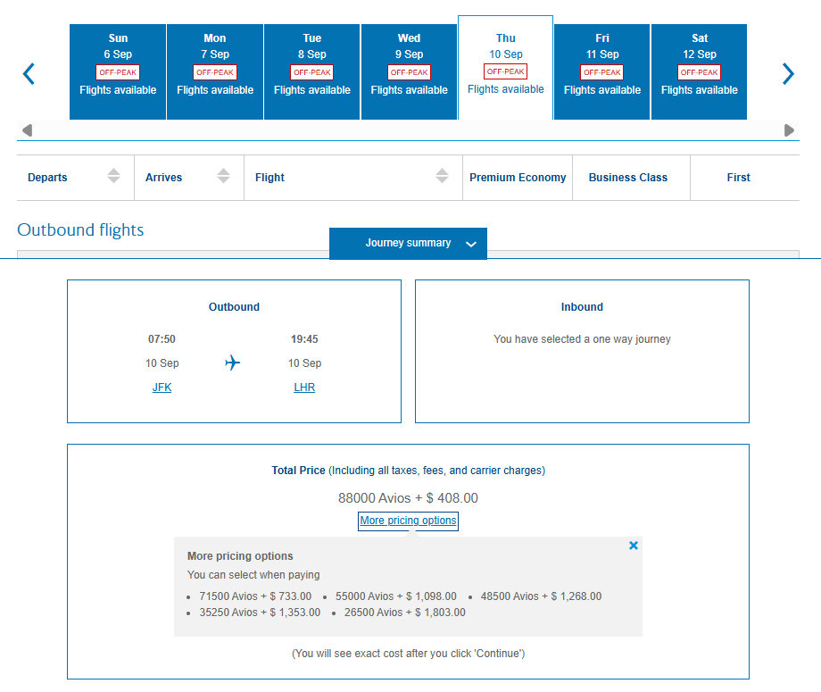 Book nonstop British Airways business-class flights between New York and London would redeem 57,500 AAdvantage miles + $733 (to London) or $859.33 (to New York).