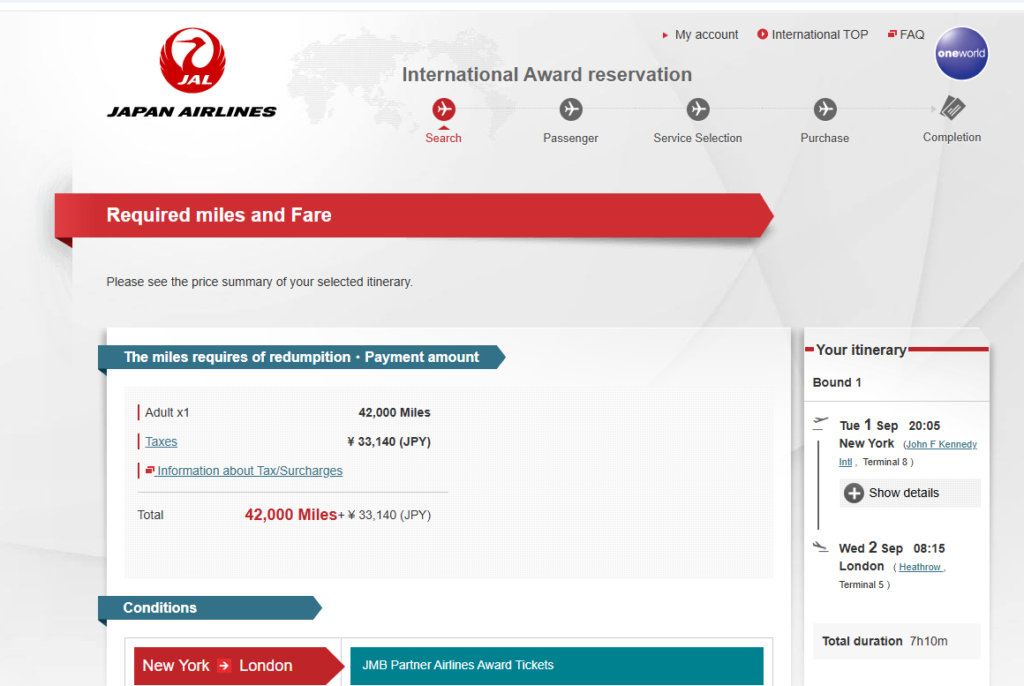 Business-class award rates for a British Airways flight from New York to London through JMB compare favorably to booking through British Airways or other partner programs. The JMB rate is 42,000 miles and about $218 in taxes and fees.