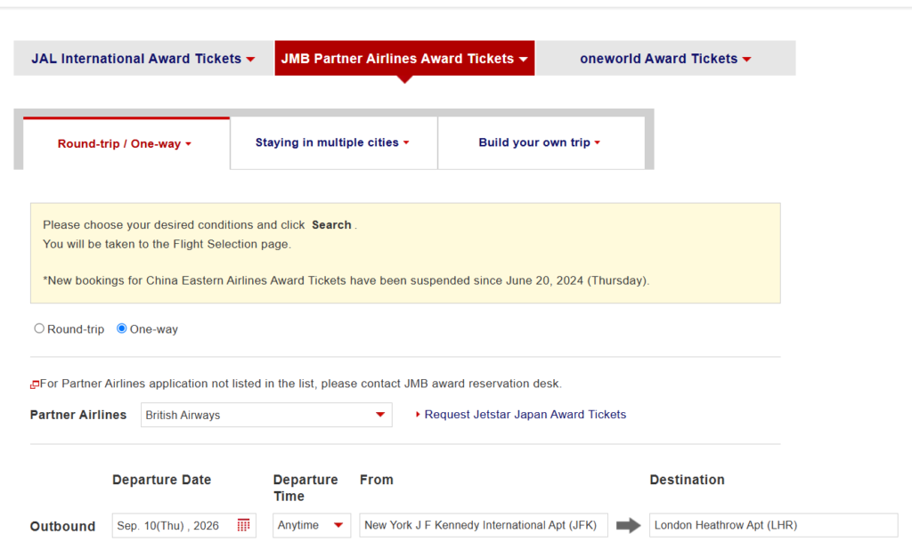 JMB Partner Airlines Award Tickets