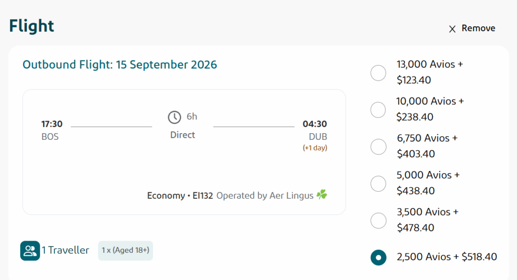 Aer Lingus  flight from Boston to dublin, Ireland using Avios.