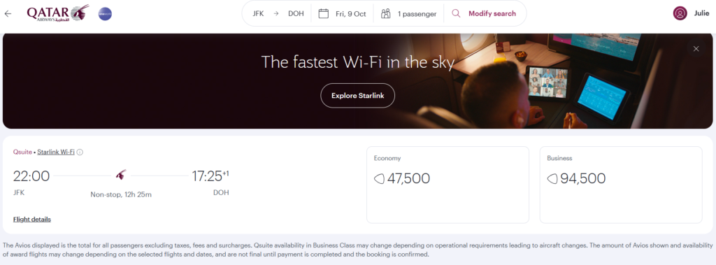 Qatar Airways business class flight from JFK to DOH.