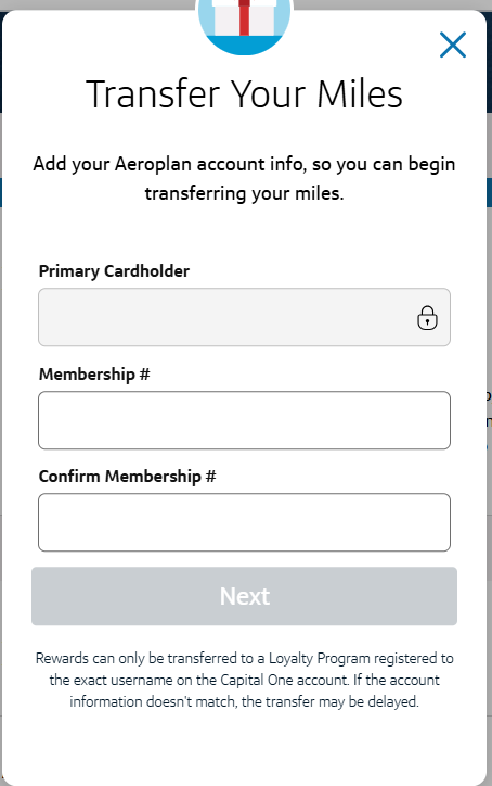 Capital One transfer screen prompting users to enter Aeroplan account details for point transfers.