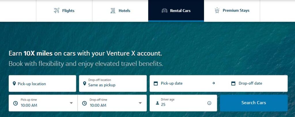 Capital One Travel rental car booking page.