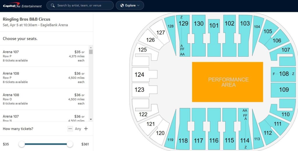 Capital One Entertainment showing seat map