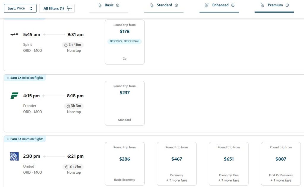 Capital One Travel flight price comparison.