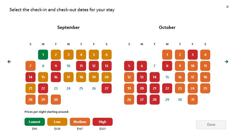 Capital One Travel hotel booking price calendar displaying nightly rates for September and October.