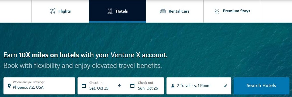 Capital One Travel hotel booking page.