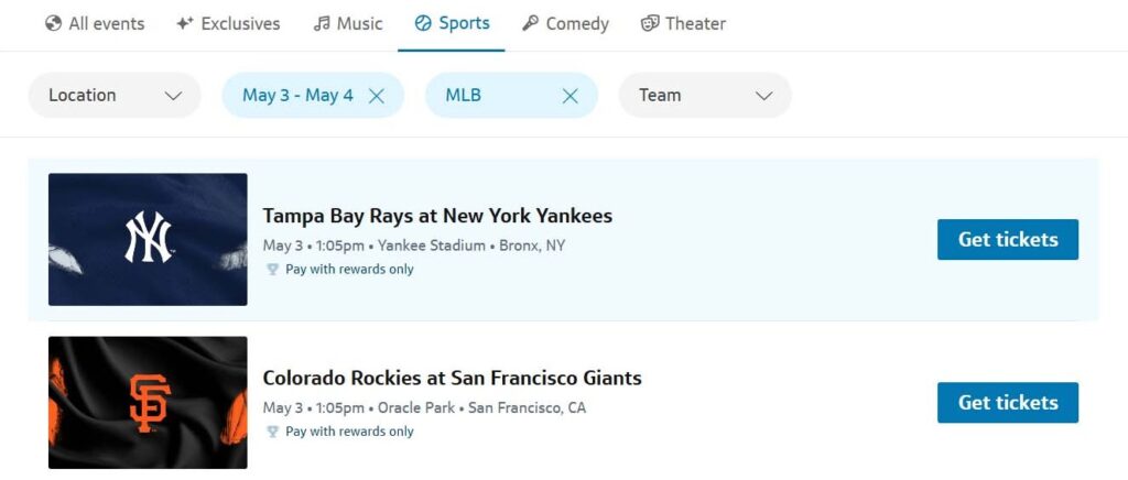 Capital One Entertainment tickets redeemable with rewards.