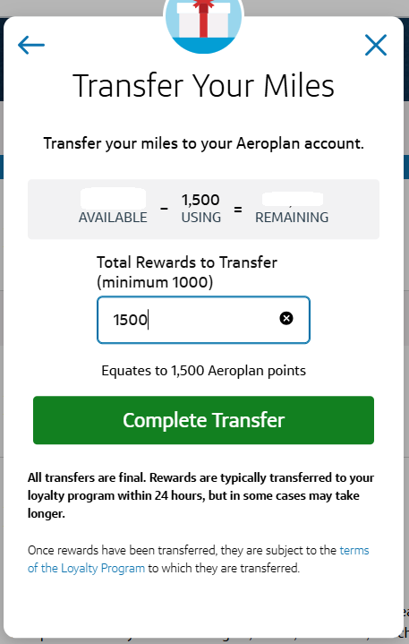 Capital One miles transfer to Aeroplan screen showing 1,500 points being transferred.