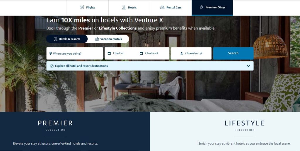 Capital One hotel booking page showcasing Premier and Lifestyle Collections.