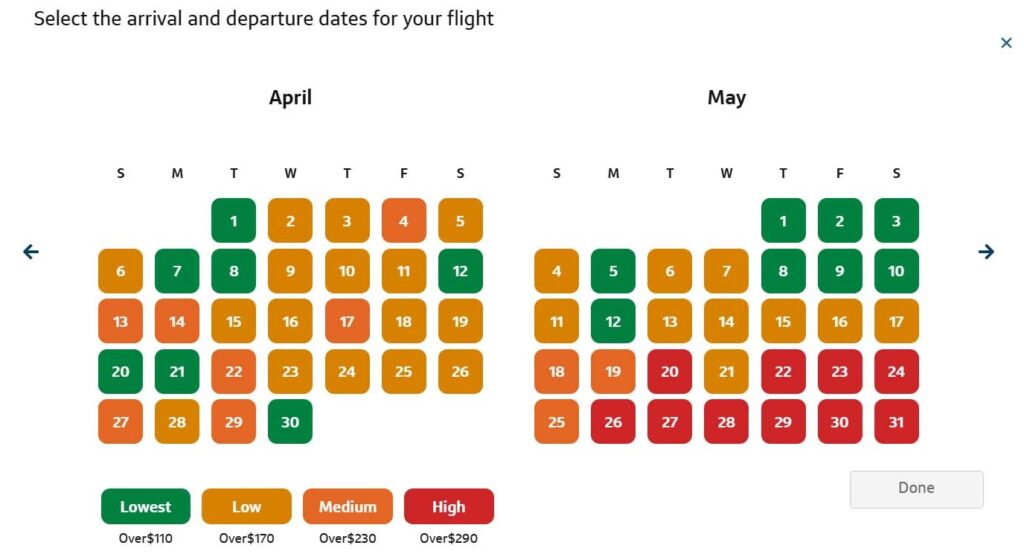 Capital One Travel fare calendar displaying flight price for April and May.