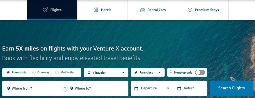 Capital One Travel flight booking page.
