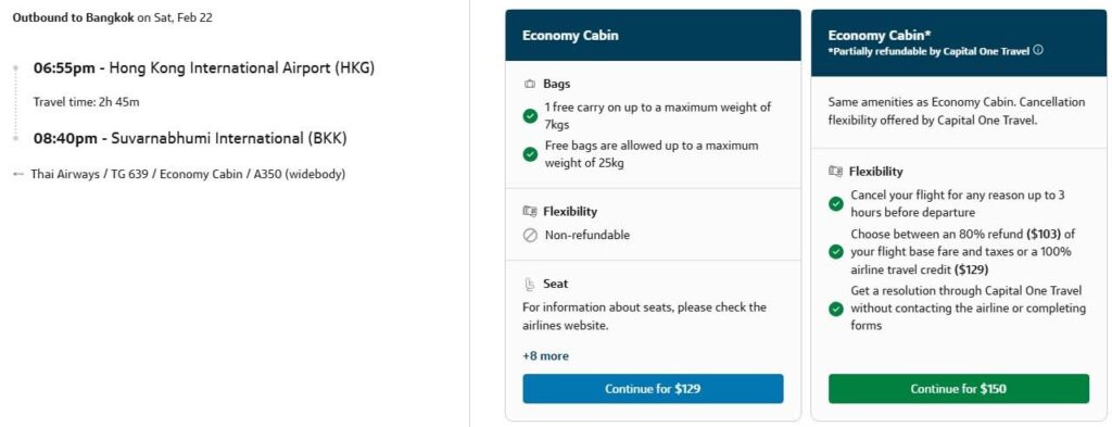 Capital One Travel flight booking page showing Thai Airways Economy Cabin options from Hong Kong (HKG) to Bangkok (BKK).