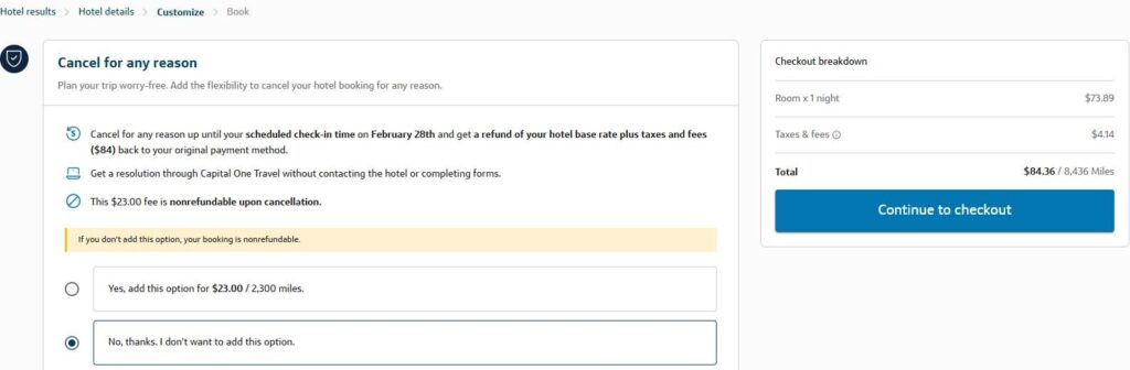 Capital One Travel hotel booking page showing a 'Cancel for Any Reason' option.