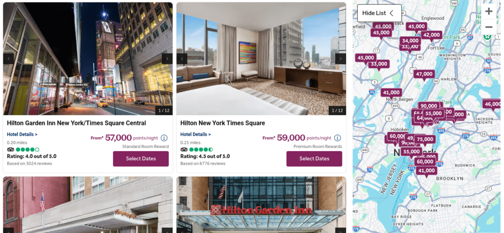 Hilton Honors hotel search results in New York City with nightly points and map view for reward bookings.