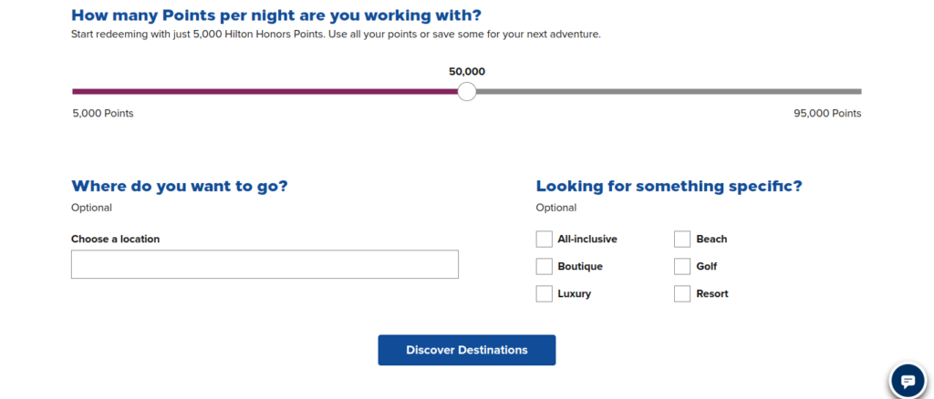 Hilton Honors points slider and destination filter tool for booking hotels using rewards points.