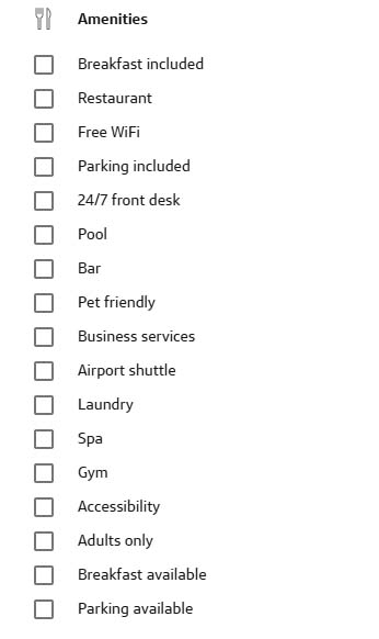 List of hotel amenities filter options