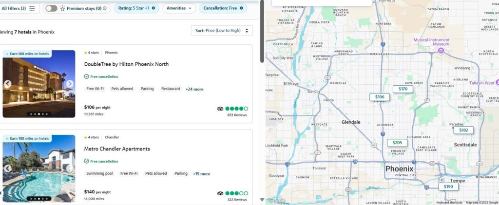 Hotel search results for Phoenix showing available accommodations.