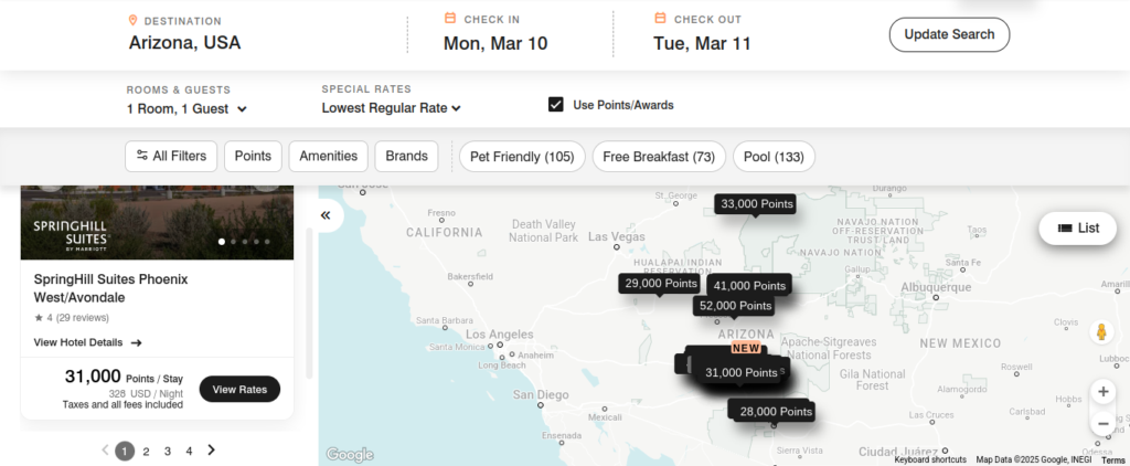 Marriott Bonvoy hotel search results in Arizona showing points required per stay with map view.