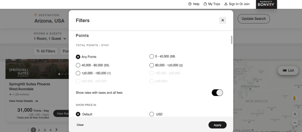 Marriott Bonvoy filter menu showing hotel redemption options by points per stay in Arizona.