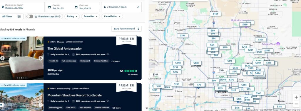 Search results for hotels in Phoenix with pricing map, premium hotel listings, etc.
