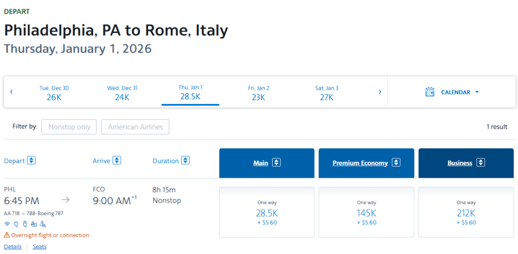 AA flight from Philadelphia, PA to Rome, Italy