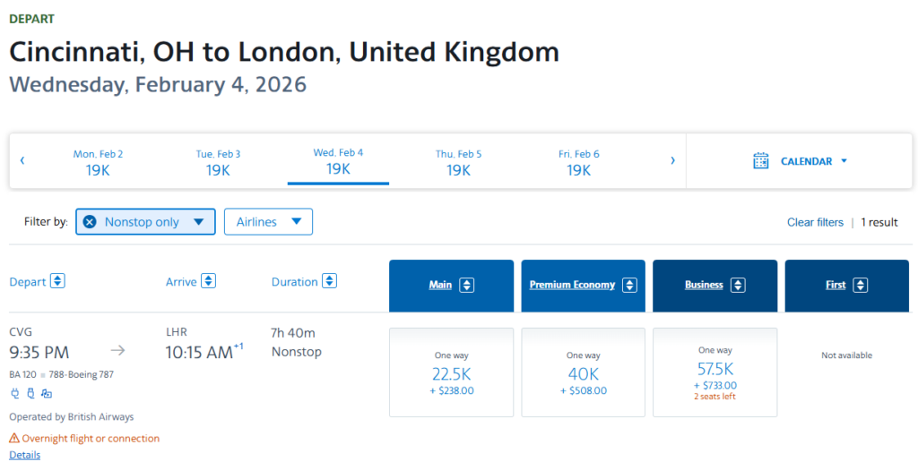 British Airways flight from Cincinnati, Ohio (CVG), to London (LHR)