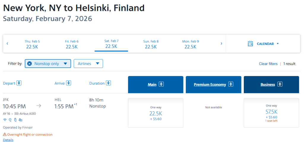 Finnair flight from from New York (JFK) to Helsinki (HEL)