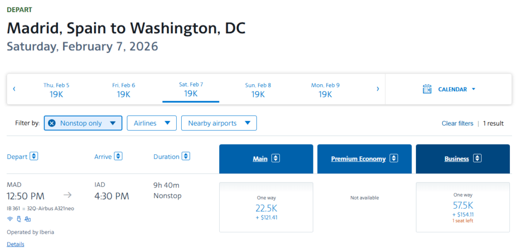 Iberia flight from Madrid (MAD) to Washington (IAD)