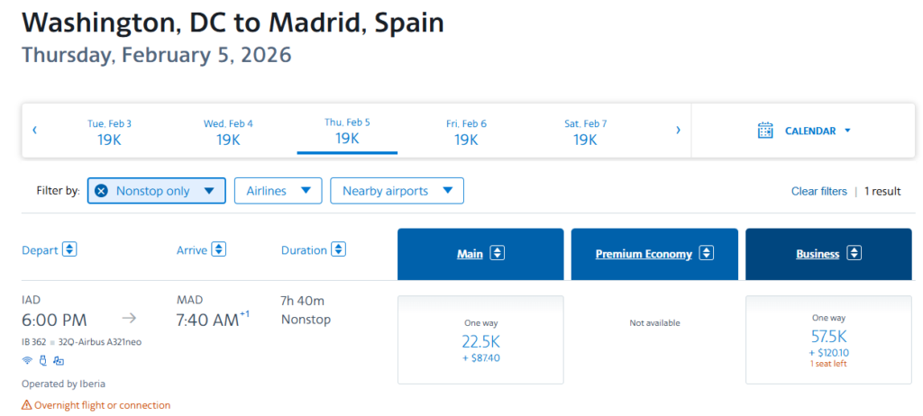 Iberia flight from Washington (IAD) to Madrid (MAD)
