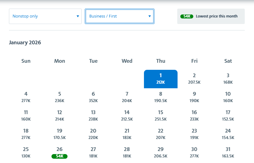 Business and first class award flight calendar for January 2026 showing daily mileage rates with lowest price marked at 54,000 miles.