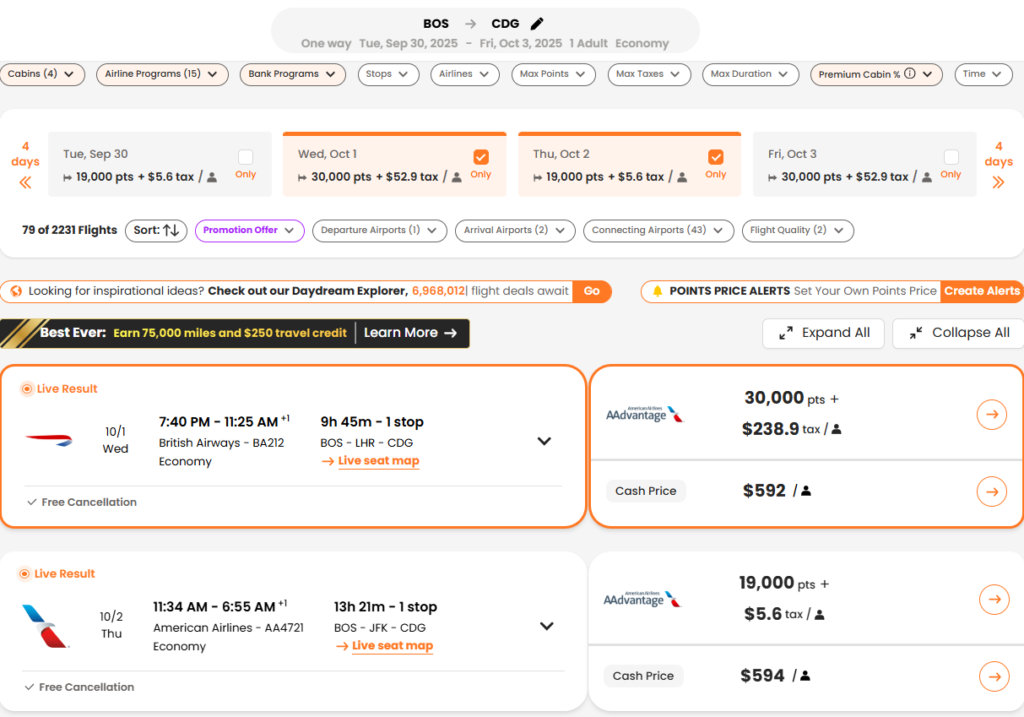 One-way flights from Boston (BOS) to Paris (CDG) for September 2025, including various airline options, point costs, and tax details.