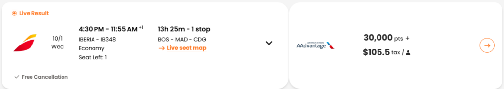 Iberia flight from Boston to Paris via Madrid bookable with 30,000 American Airlines AAdvantage miles and $105.50 in taxes.
