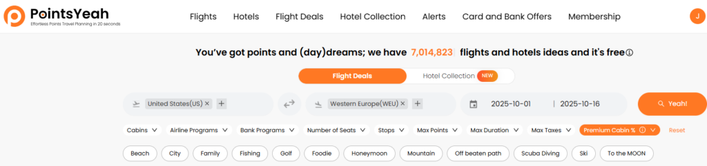 PointsYeah platform search for flight deals and hotel ideas from the US to Western Europe using points and miles.